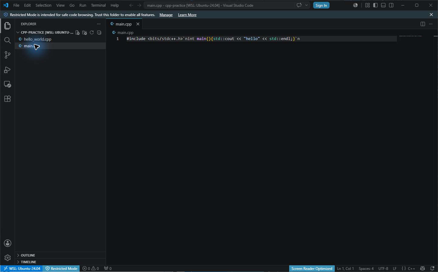 VS Code에서 WSL의  폴더가 열린 화면