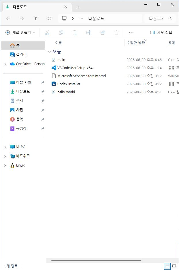 Ubuntu에서 복사한 파일이 Windows 다운로드 폴더에 보이는 화면