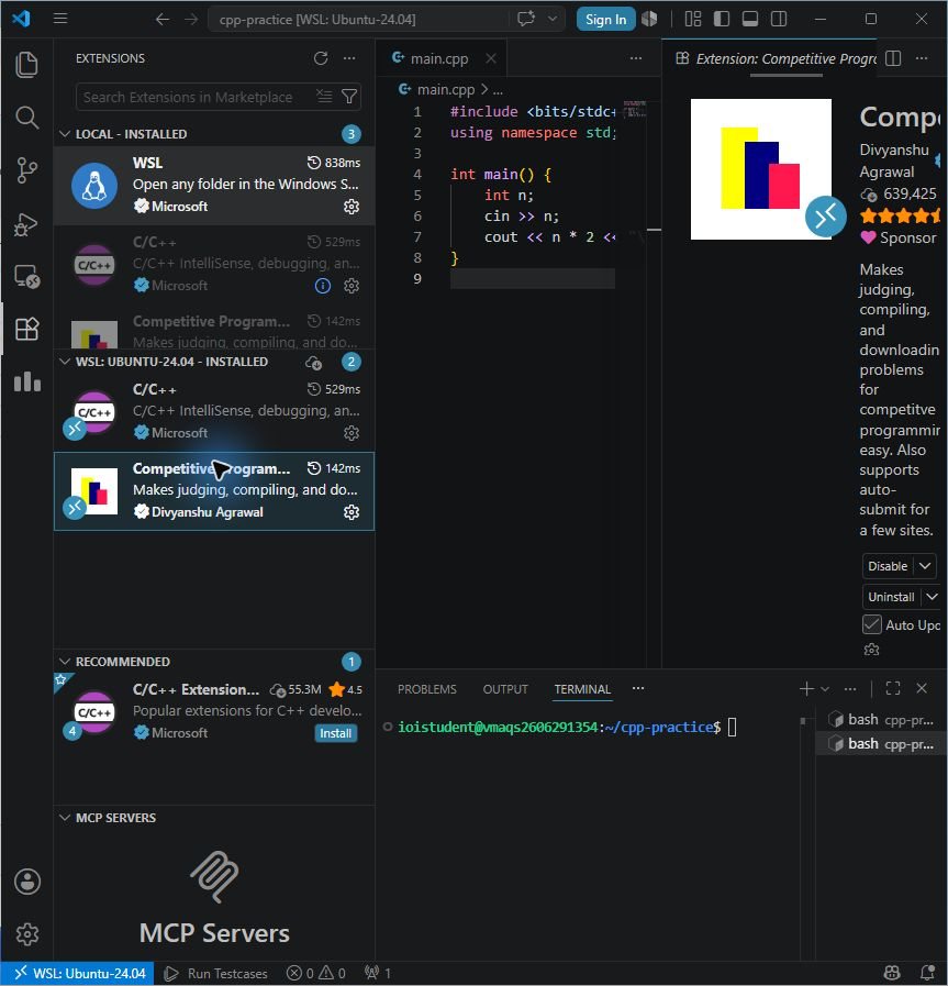 VS Code에서 Competitive Programming Helper 확장 상세 화면을 연 모습