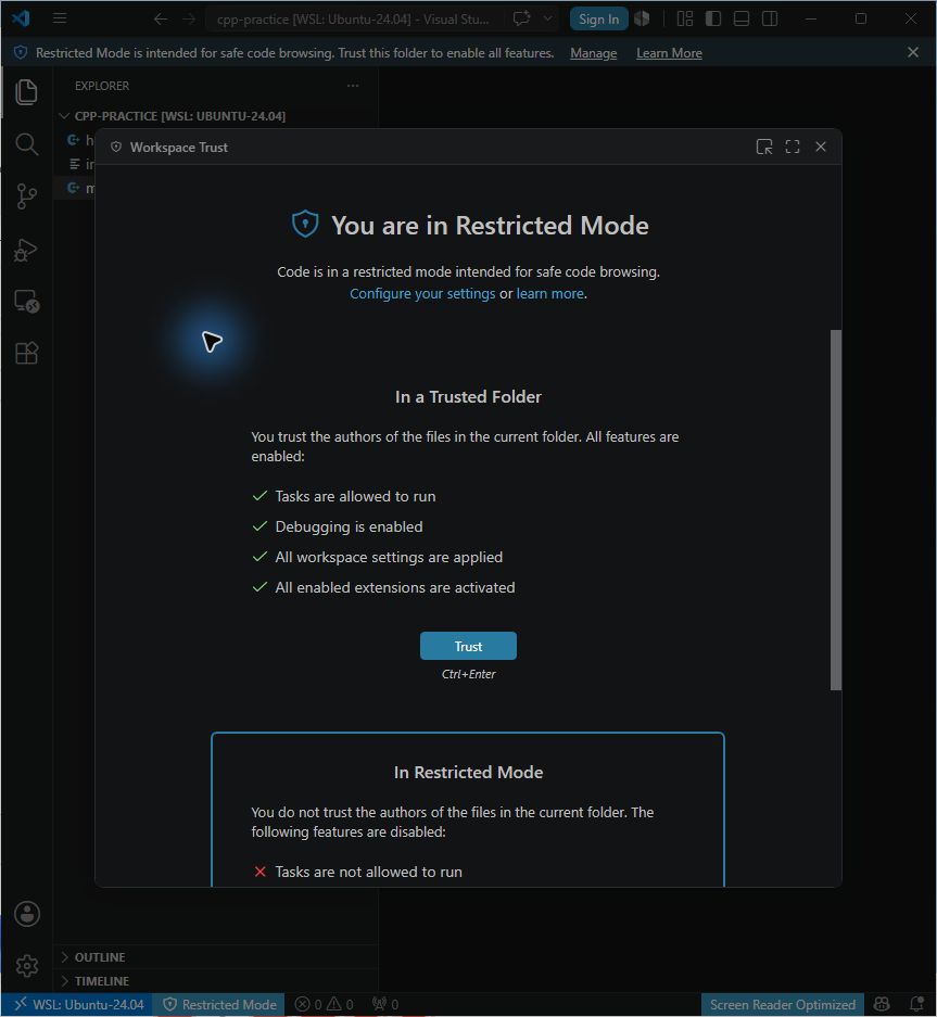 VS Code에서 WSL 폴더를 처음 열었을 때 표시되는 Workspace Trust 화면